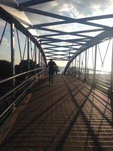 hubby running on bridge